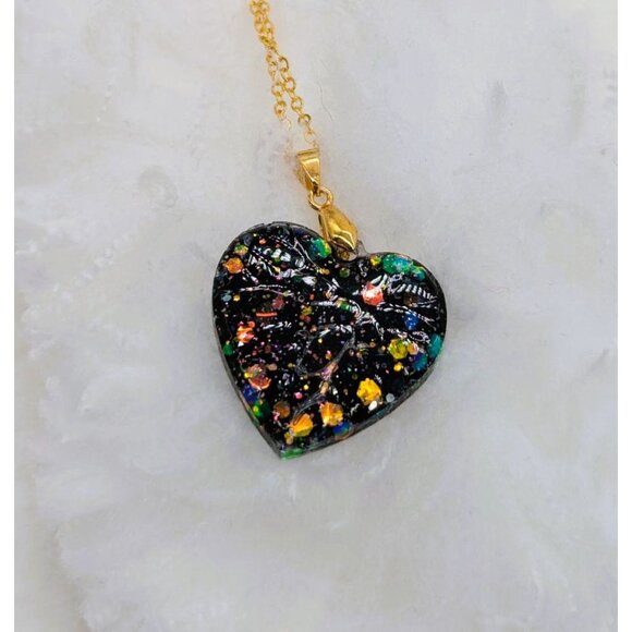 Black Heart-Shape Pendant with Holographic Glitter 10.5" Length One-of-a-Kind - Picture 5 of 7